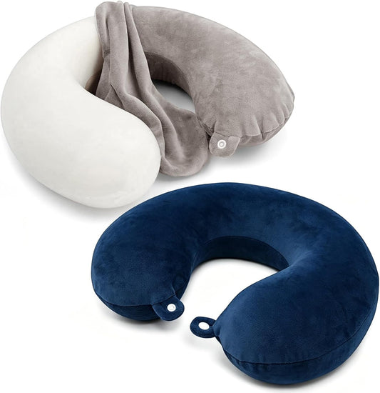 2 Pack Replacement Travel Neck Pillow Covers, U Shaped Travel Pillowcases with Zipper, Washable Soft Plush Fabric, Universal Fit for Most Travel Pillows, Gray and Navy Blue