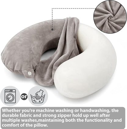 2 Pack Replacement Travel Neck Pillow Covers, U Shaped Travel Pillowcases with Zipper, Washable Soft Plush Fabric, Universal Fit for Most Travel Pillows, Gray and Navy Blue