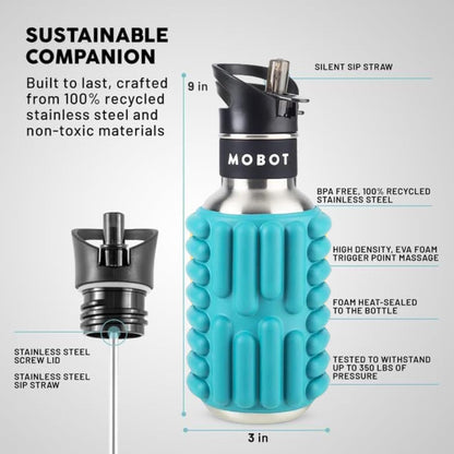 MOBOT Portable Travel Foam Roller Water Bottle with Sip Straw, Stainless Steel Screw Lid | Insulated Sports Water Bottle and Foam Rollers for Yoga, Workout, Home Gym, & Exercise, Beet (27 oz)