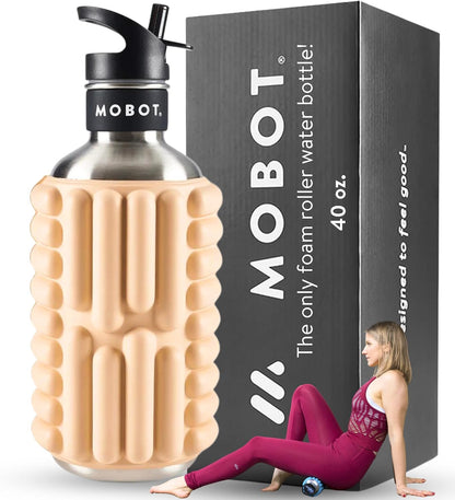 MOBOT Portable Travel Foam Roller Water Bottle with Sip Straw, Stainless Steel Screw Lid | Insulated Sports Water Bottle and Foam Rollers for Yoga, Workout, Home Gym, & Exercise, Beet (27 oz)
