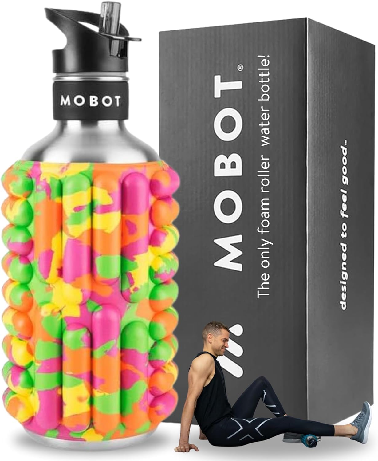 MOBOT Portable Travel Foam Roller Water Bottle with Sip Straw, Stainless Steel Screw Lid | Insulated Sports Water Bottle and Foam Rollers for Yoga, Workout, Home Gym, & Exercise, Beet (27 oz)