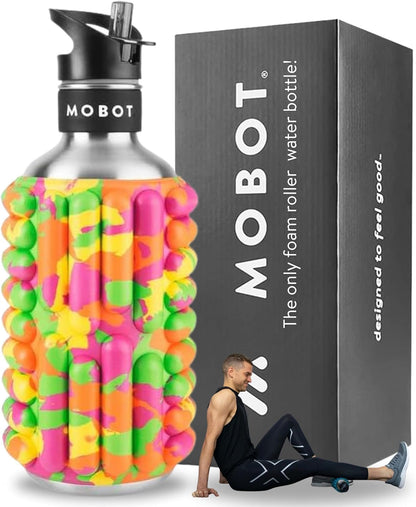 MOBOT Portable Travel Foam Roller Water Bottle with Sip Straw, Stainless Steel Screw Lid | Insulated Sports Water Bottle and Foam Rollers for Yoga, Workout, Home Gym, & Exercise, Beet (27 oz)