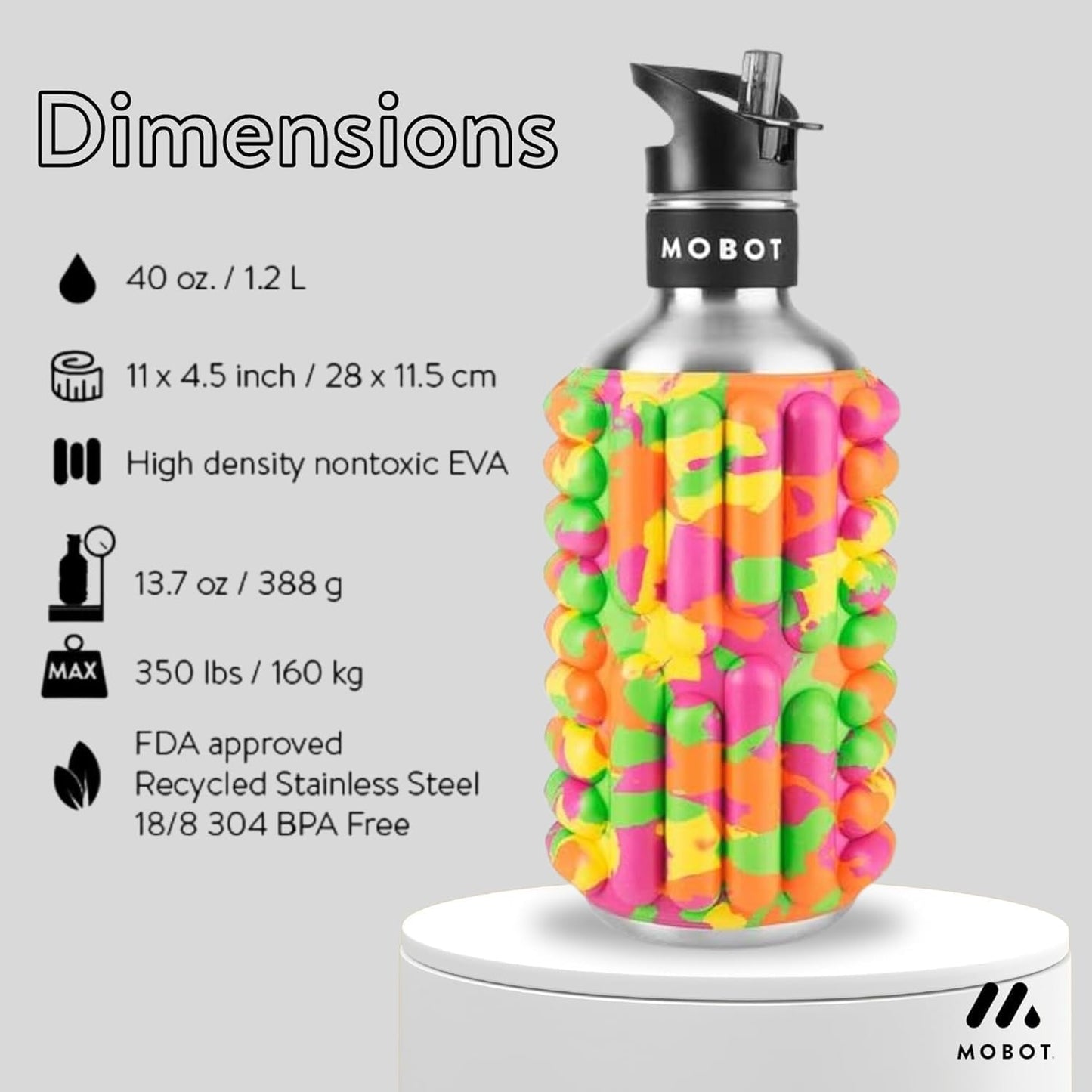 MOBOT Portable Travel Foam Roller Water Bottle with Sip Straw, Stainless Steel Screw Lid | Insulated Sports Water Bottle and Foam Rollers for Yoga, Workout, Home Gym, & Exercise, Beet (27 oz)