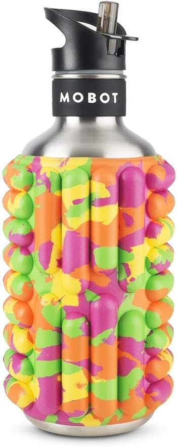 MOBOT Portable Travel Foam Roller Water Bottle with Sip Straw, Stainless Steel Screw Lid | Insulated Sports Water Bottle and Foam Rollers for Yoga, Workout, Home Gym, & Exercise, Beet (27 oz)