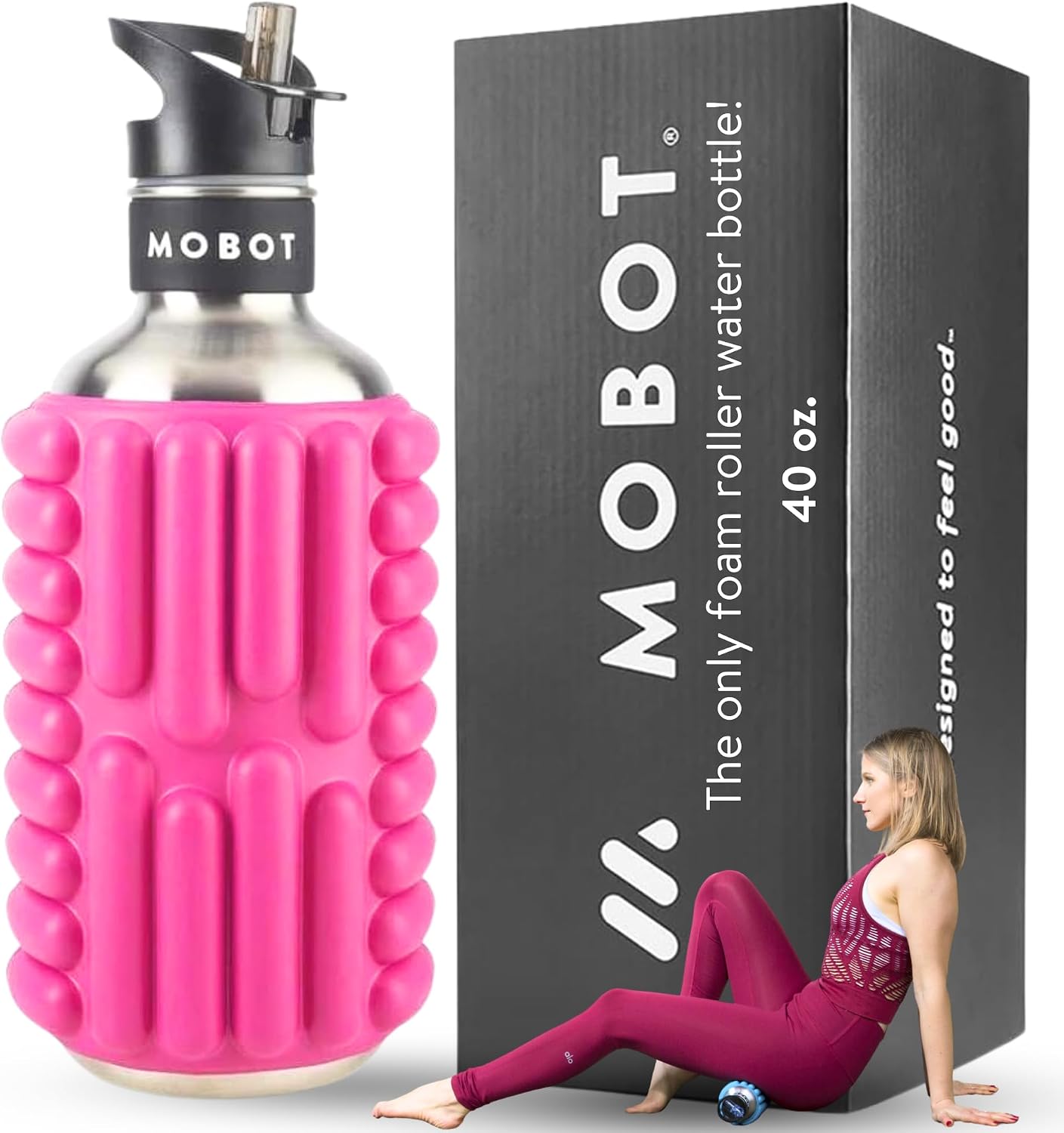 MOBOT Portable Travel Foam Roller Water Bottle with Sip Straw, Stainless Steel Screw Lid | Insulated Sports Water Bottle and Foam Rollers for Yoga, Workout, Home Gym, & Exercise, Beet (27 oz)