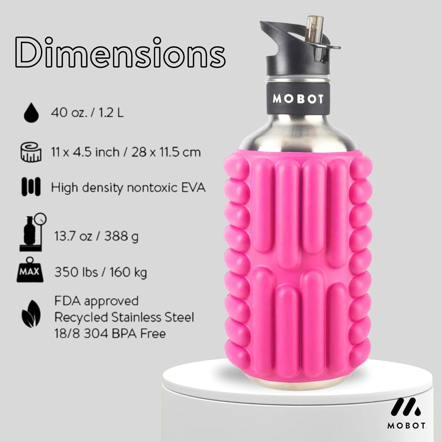 MOBOT Portable Travel Foam Roller Water Bottle with Sip Straw, Stainless Steel Screw Lid | Insulated Sports Water Bottle and Foam Rollers for Yoga, Workout, Home Gym, & Exercise, Beet (27 oz)