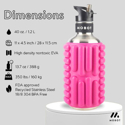 MOBOT Portable Travel Foam Roller Water Bottle with Sip Straw, Stainless Steel Screw Lid | Insulated Sports Water Bottle and Foam Rollers for Yoga, Workout, Home Gym, & Exercise, Beet (27 oz)