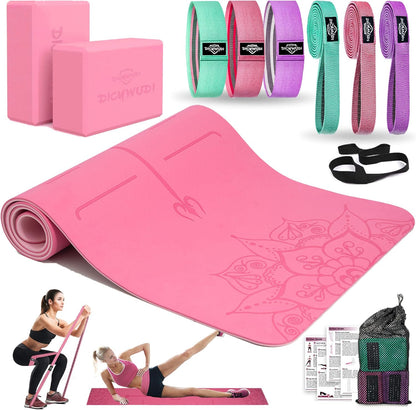 DICYWUDI Yoga Mat Thick, 6 Fabric Resistance Bands, 2 Pack Yoga Blocks, Home Workout Equipment Essentials Starter Kit for Beginners Full Body Toning