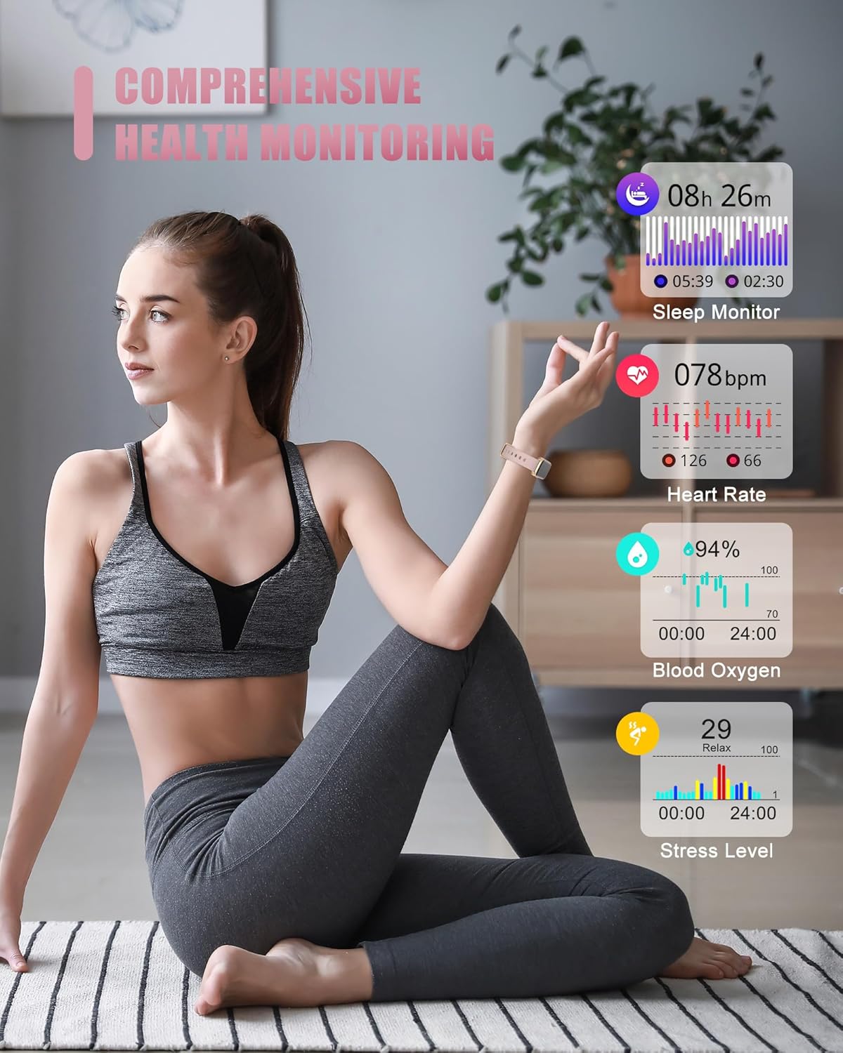 Fitness Tracker, Smart Watch for Women Men with 24/7 Heart Rate/Blood Pressure/Blood Oxygen Monitor,Sleep Tracker,Step & Calorie Counter, IP68 Waterproof Fitness Watches Compatible with Android&iPhone