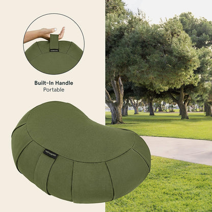 Sedona Zafu Meditation Cushion with Buckwheat Hull Fill - Adjustable Yoga & Pilates Equipment Support - 17in Crescent Cotton Cover