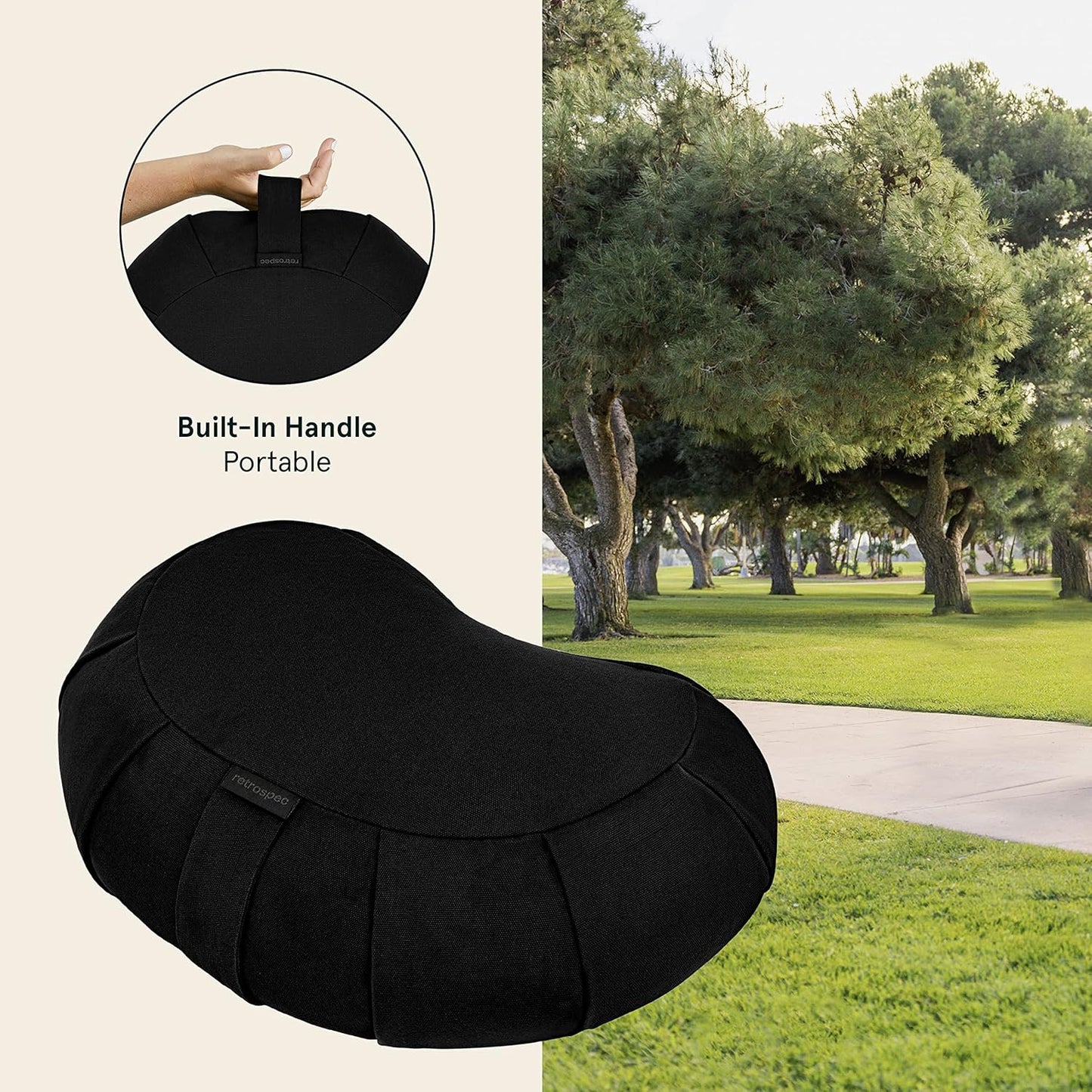 Sedona Zafu Meditation Cushion with Buckwheat Hull Fill - Adjustable Yoga & Pilates Equipment Support - 17in Crescent Cotton Cover