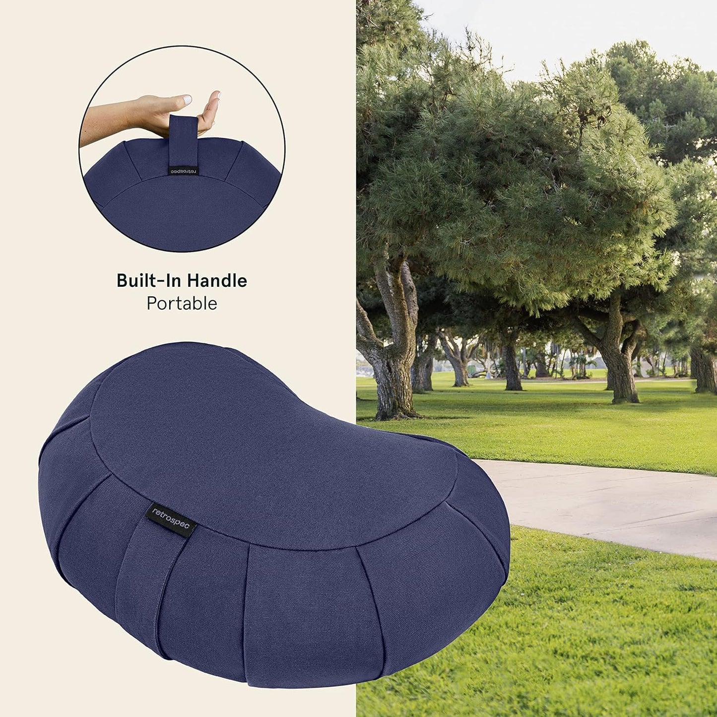 Sedona Zafu Meditation Cushion with Buckwheat Hull Fill - Adjustable Yoga & Pilates Equipment Support - 17in Crescent Cotton Cover