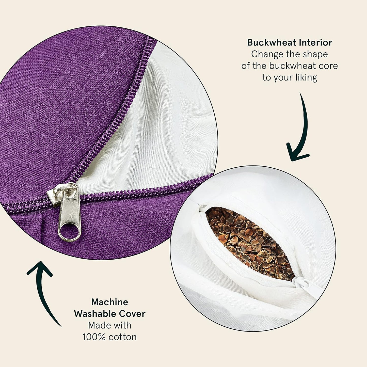 Sedona Zafu Meditation Cushion with Buckwheat Hull Fill - Adjustable Yoga & Pilates Equipment Support - 17in Crescent Cotton Cover