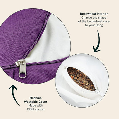 Sedona Zafu Meditation Cushion with Buckwheat Hull Fill - Adjustable Yoga & Pilates Equipment Support - 17in Crescent Cotton Cover