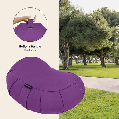 Sedona Zafu Meditation Cushion with Buckwheat Hull Fill - Adjustable Yoga & Pilates Equipment Support - 17in Crescent Cotton Cover