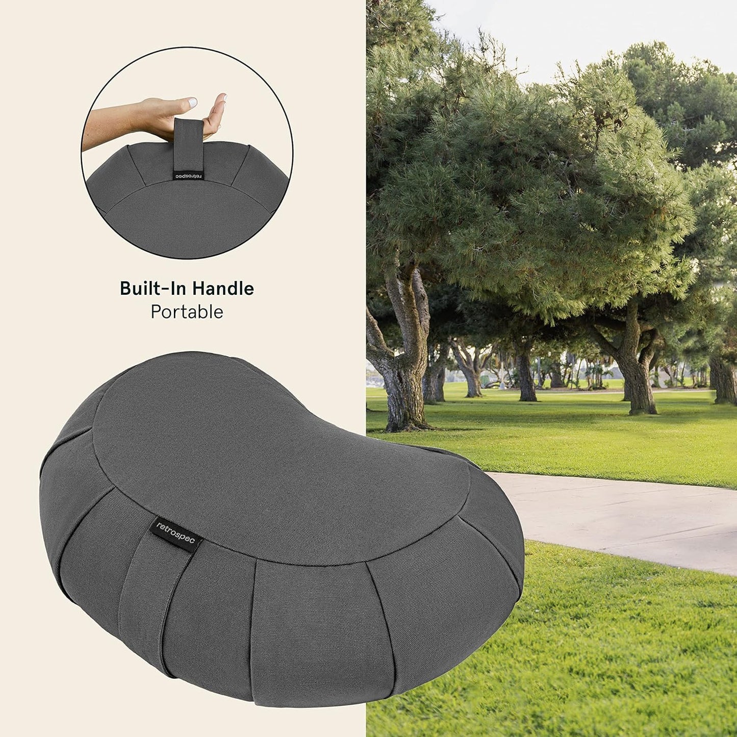 Sedona Zafu Meditation Cushion with Buckwheat Hull Fill - Adjustable Yoga & Pilates Equipment Support - 17in Crescent Cotton Cover