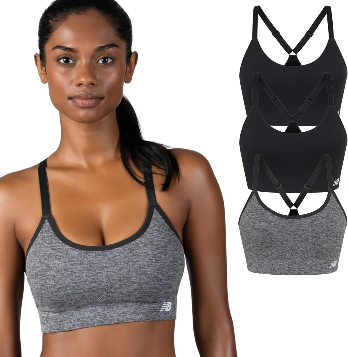 New Balance Women's Sports Bras 3 Pack, Seamless Cami, Removable Pads, Medium Impact Gym Sports Bra for Women, Workout Set