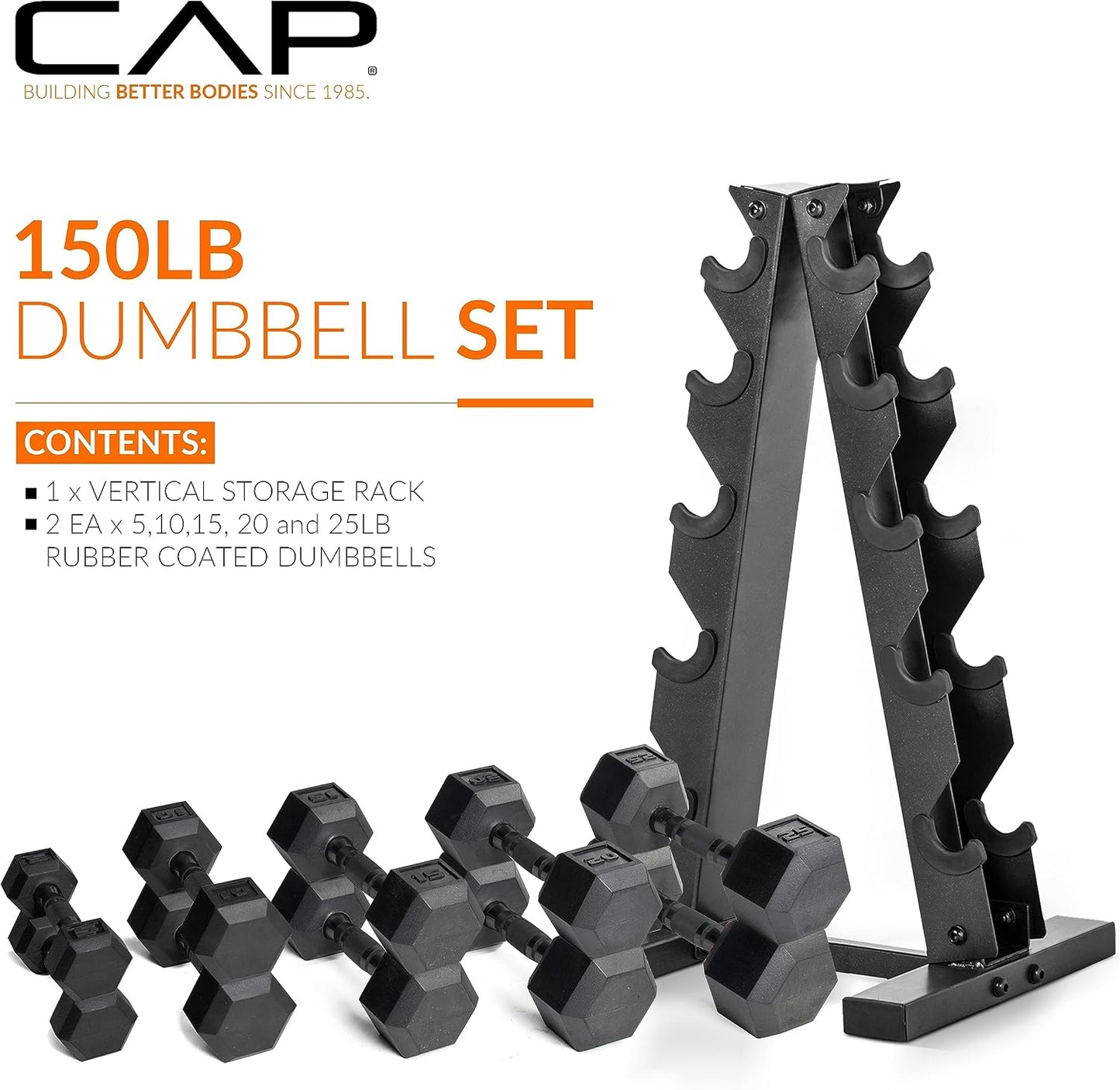 Barbell 150 LB Coated Hex Dumbbell Weight Set with Vertical Rack | Multiple Options