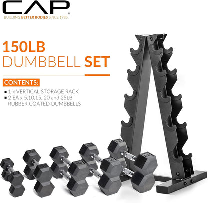 Barbell 150 LB Coated Hex Dumbbell Weight Set with Vertical Rack | Multiple Options
