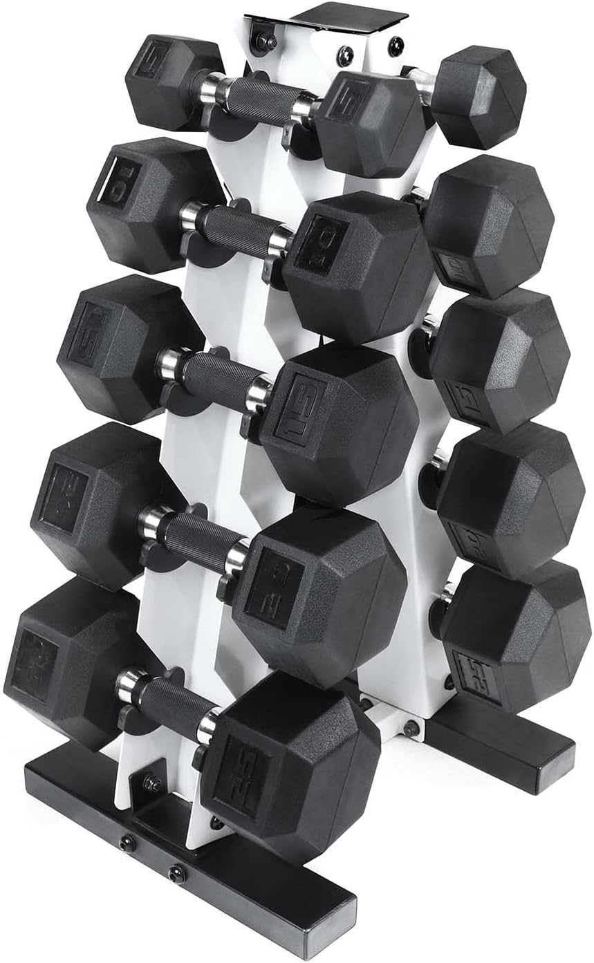 Barbell 150 LB Coated Hex Dumbbell Weight Set with Vertical Rack | Multiple Options