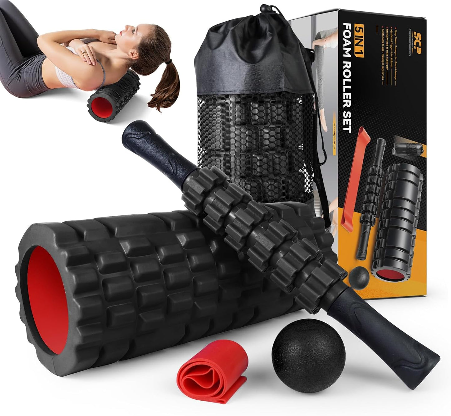 5 in1 Foam Roller Set, Trigger Point Foam Roller Deep Tissue | Massage Roller Stick, Massage Ball, Resistance Band for Physical Therapy, Pilates Yoga,Fitness Exercise for Whole Body Black