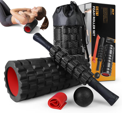 5 in1 Foam Roller Set, Trigger Point Foam Roller Deep Tissue | Massage Roller Stick, Massage Ball, Resistance Band for Physical Therapy, Pilates Yoga,Fitness Exercise for Whole Body Black