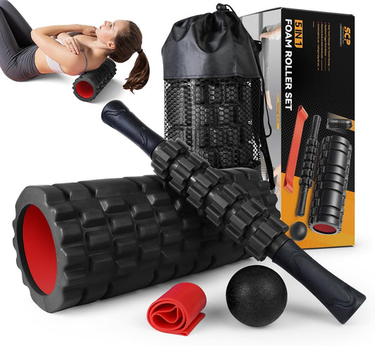 5 in1 Foam Roller Set, Trigger Point Foam Roller Deep Tissue | Massage Roller Stick, Massage Ball, Resistance Band for Physical Therapy, Pilates Yoga,Fitness Exercise for Whole Body Black