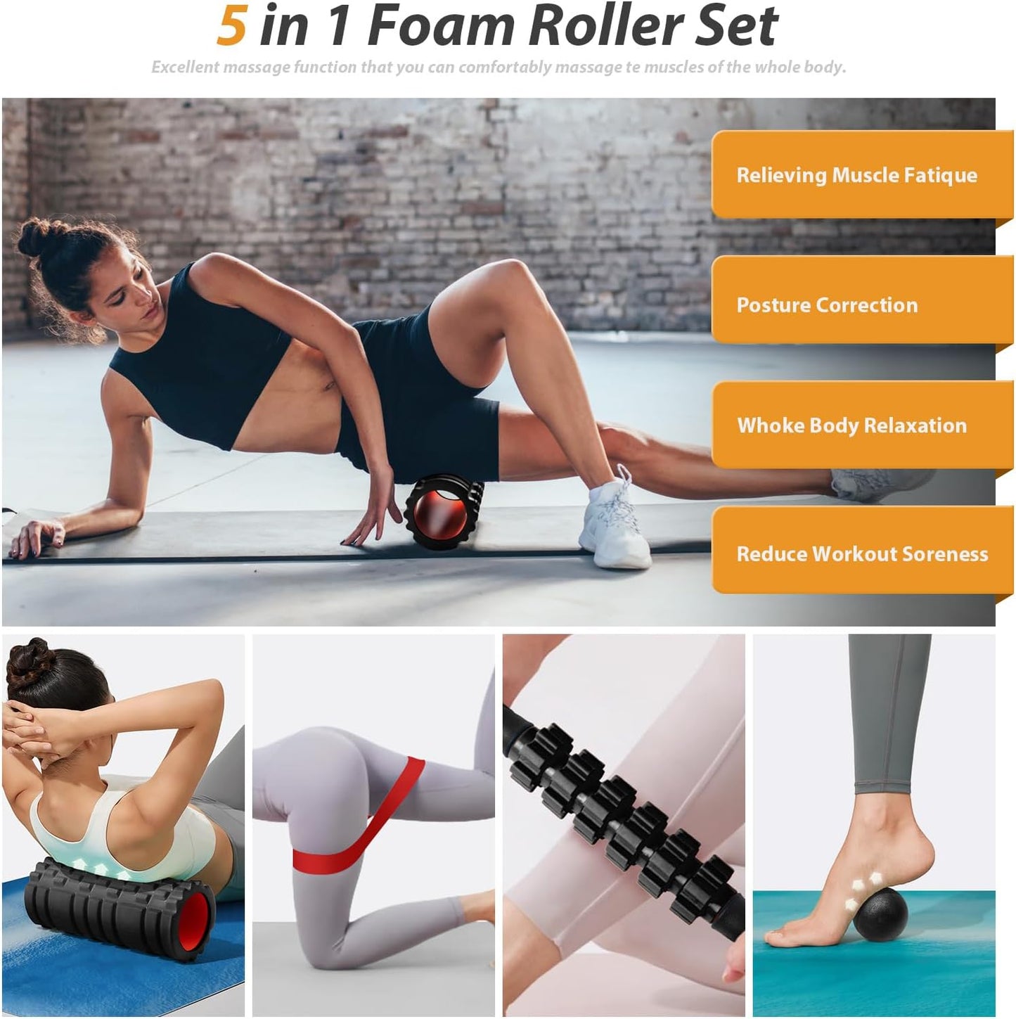 5 in1 Foam Roller Set, Trigger Point Foam Roller Deep Tissue | Massage Roller Stick, Massage Ball, Resistance Band for Physical Therapy, Pilates Yoga,Fitness Exercise for Whole Body Black