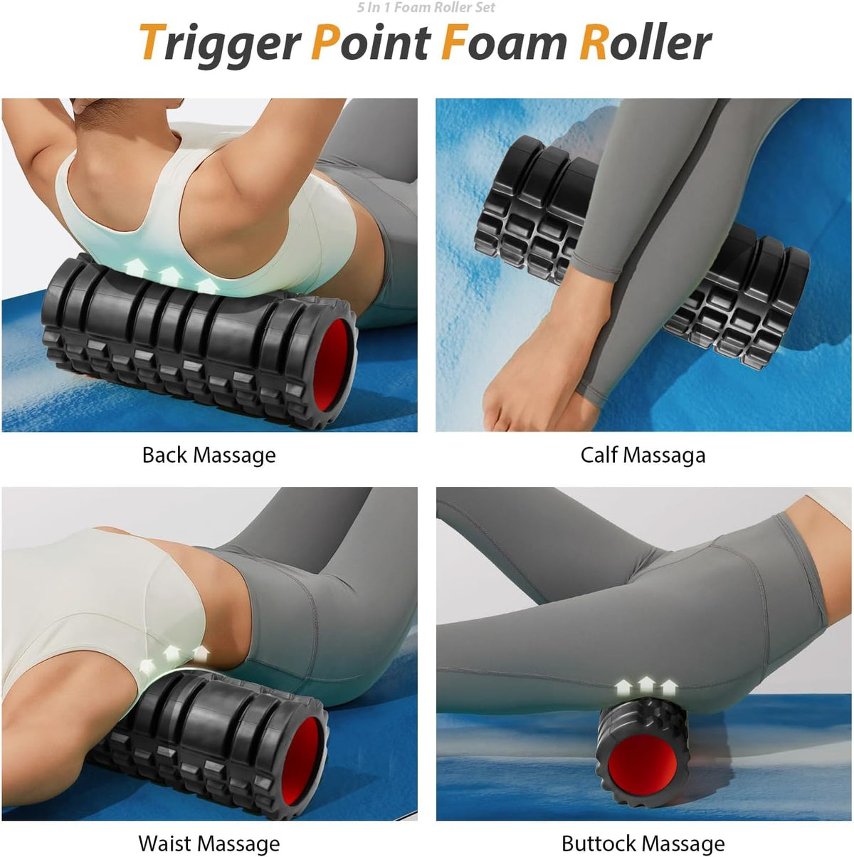 5 in1 Foam Roller Set, Trigger Point Foam Roller Deep Tissue | Massage Roller Stick, Massage Ball, Resistance Band for Physical Therapy, Pilates Yoga,Fitness Exercise for Whole Body Black