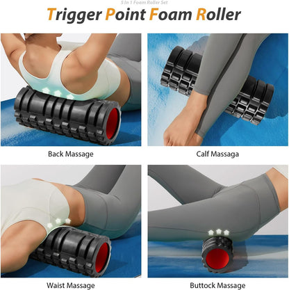5 in1 Foam Roller Set, Trigger Point Foam Roller Deep Tissue | Massage Roller Stick, Massage Ball, Resistance Band for Physical Therapy, Pilates Yoga,Fitness Exercise for Whole Body Black