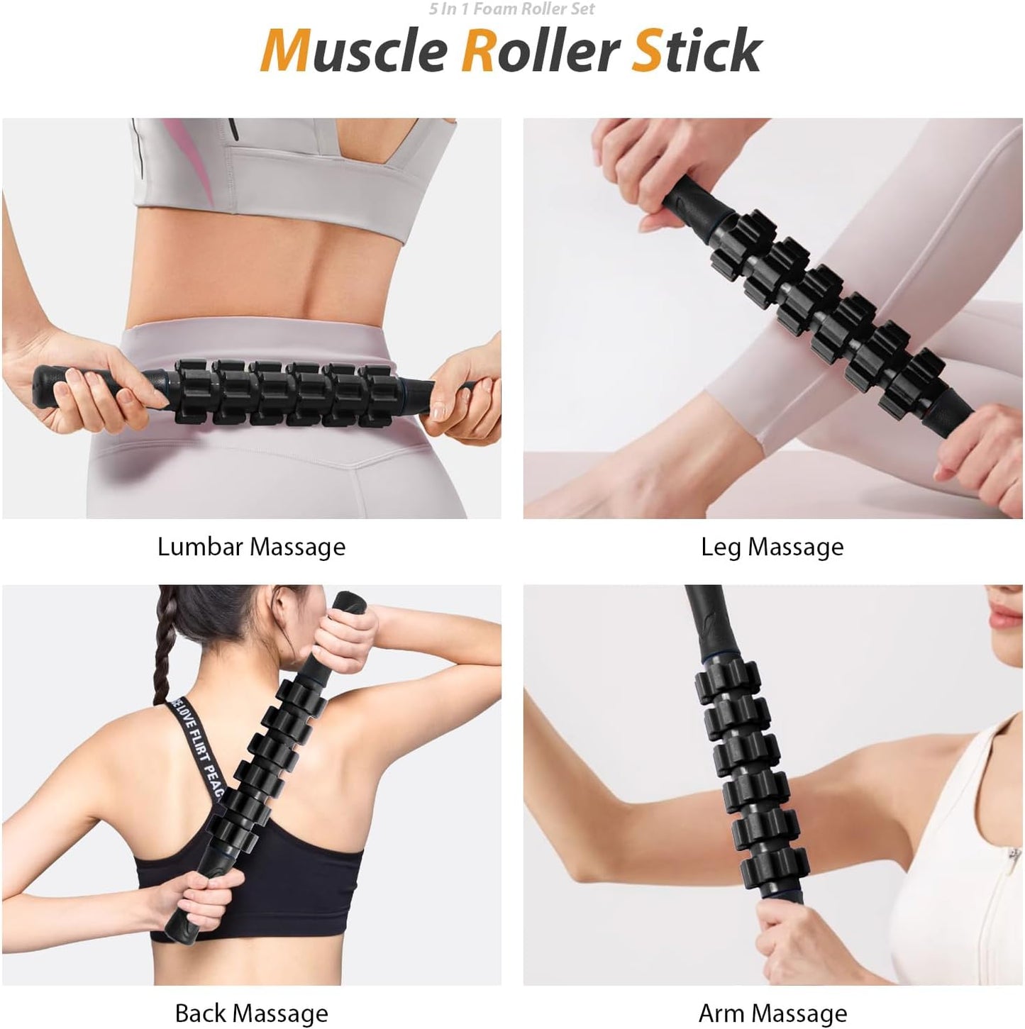 5 in1 Foam Roller Set, Trigger Point Foam Roller Deep Tissue | Massage Roller Stick, Massage Ball, Resistance Band for Physical Therapy, Pilates Yoga,Fitness Exercise for Whole Body Black
