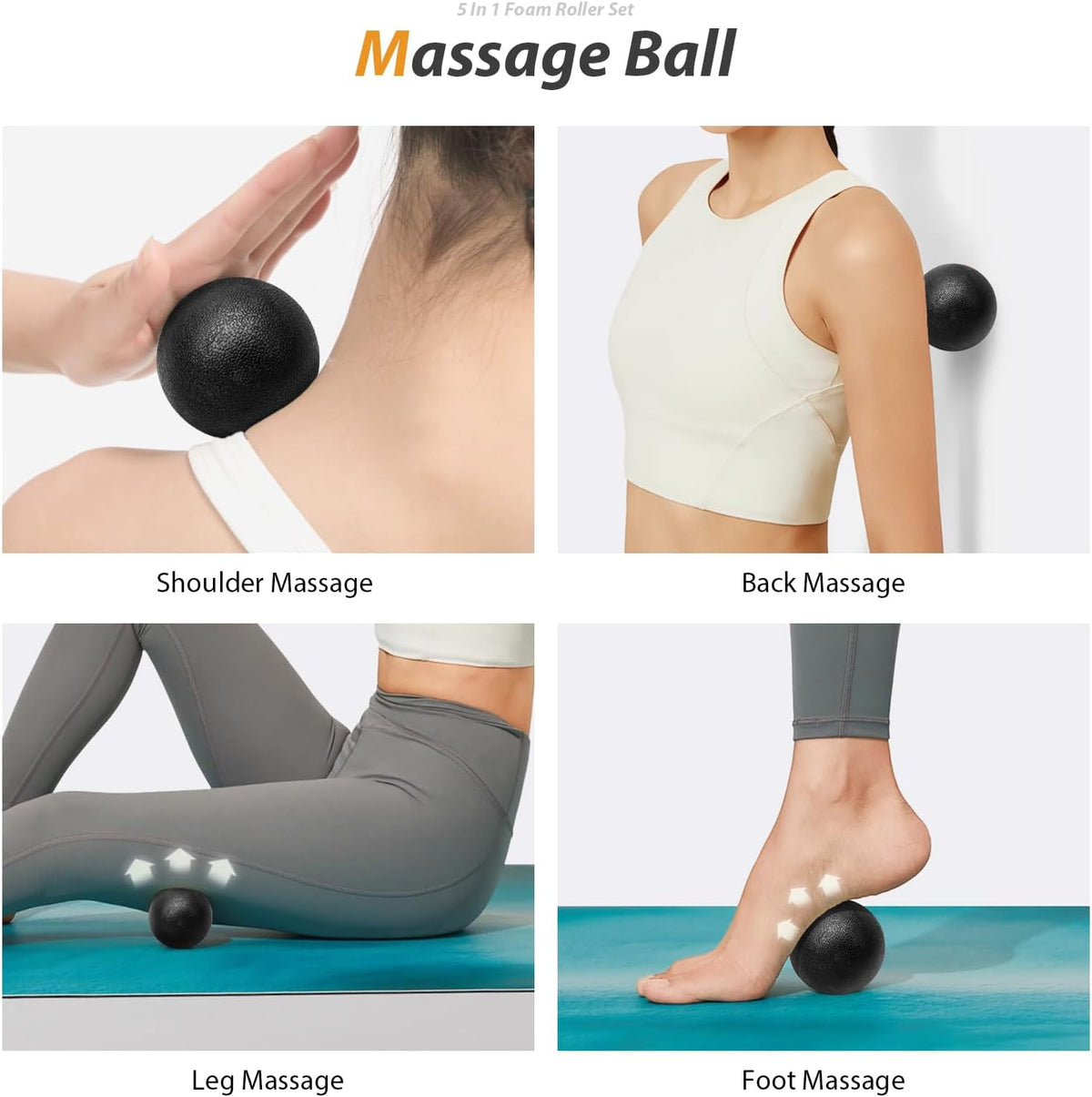5 in1 Foam Roller Set, Trigger Point Foam Roller Deep Tissue | Massage Roller Stick, Massage Ball, Resistance Band for Physical Therapy, Pilates Yoga,Fitness Exercise for Whole Body Black