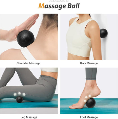 5 in1 Foam Roller Set, Trigger Point Foam Roller Deep Tissue | Massage Roller Stick, Massage Ball, Resistance Band for Physical Therapy, Pilates Yoga,Fitness Exercise for Whole Body Black