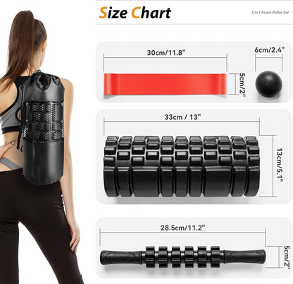 5 in1 Foam Roller Set, Trigger Point Foam Roller Deep Tissue | Massage Roller Stick, Massage Ball, Resistance Band for Physical Therapy, Pilates Yoga,Fitness Exercise for Whole Body Black