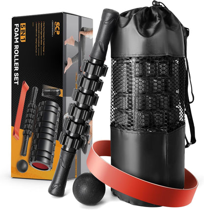 5 in1 Foam Roller Set, Trigger Point Foam Roller Deep Tissue | Massage Roller Stick, Massage Ball, Resistance Band for Physical Therapy, Pilates Yoga,Fitness Exercise for Whole Body Black
