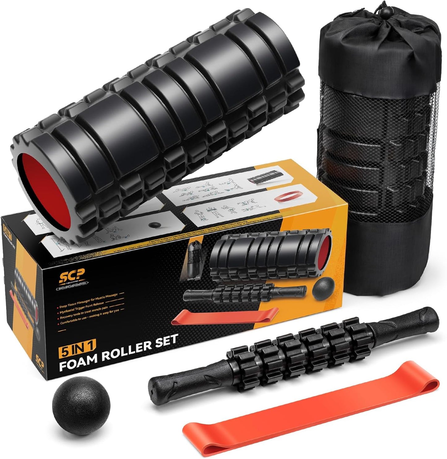 5 in1 Foam Roller Set, Trigger Point Foam Roller Deep Tissue | Massage Roller Stick, Massage Ball, Resistance Band for Physical Therapy, Pilates Yoga,Fitness Exercise for Whole Body Black