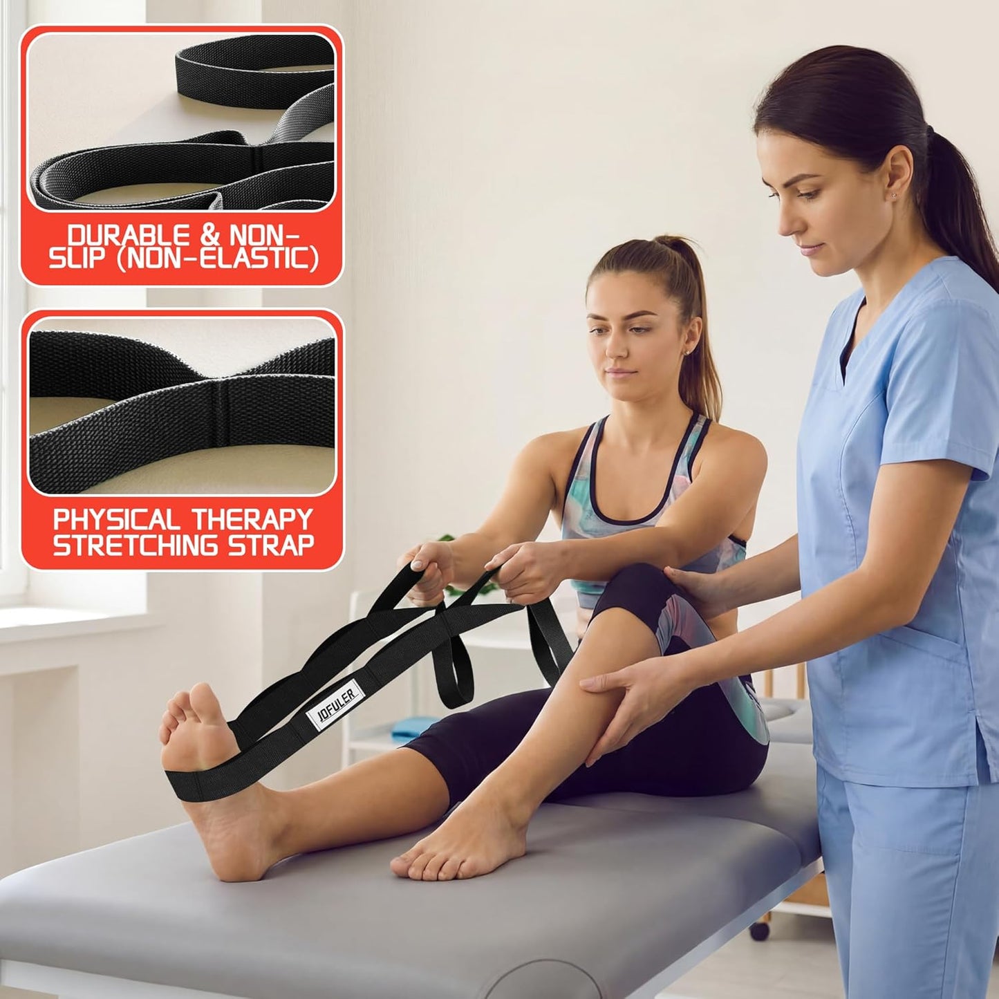 Stretching Strap for Physical Therapy and Home Rehab, 10 Loops Non-Elastic Yoga Strap for Hamstring, Calf and Back Stretching, Mobility, Exercise, Pilates, Flexibility