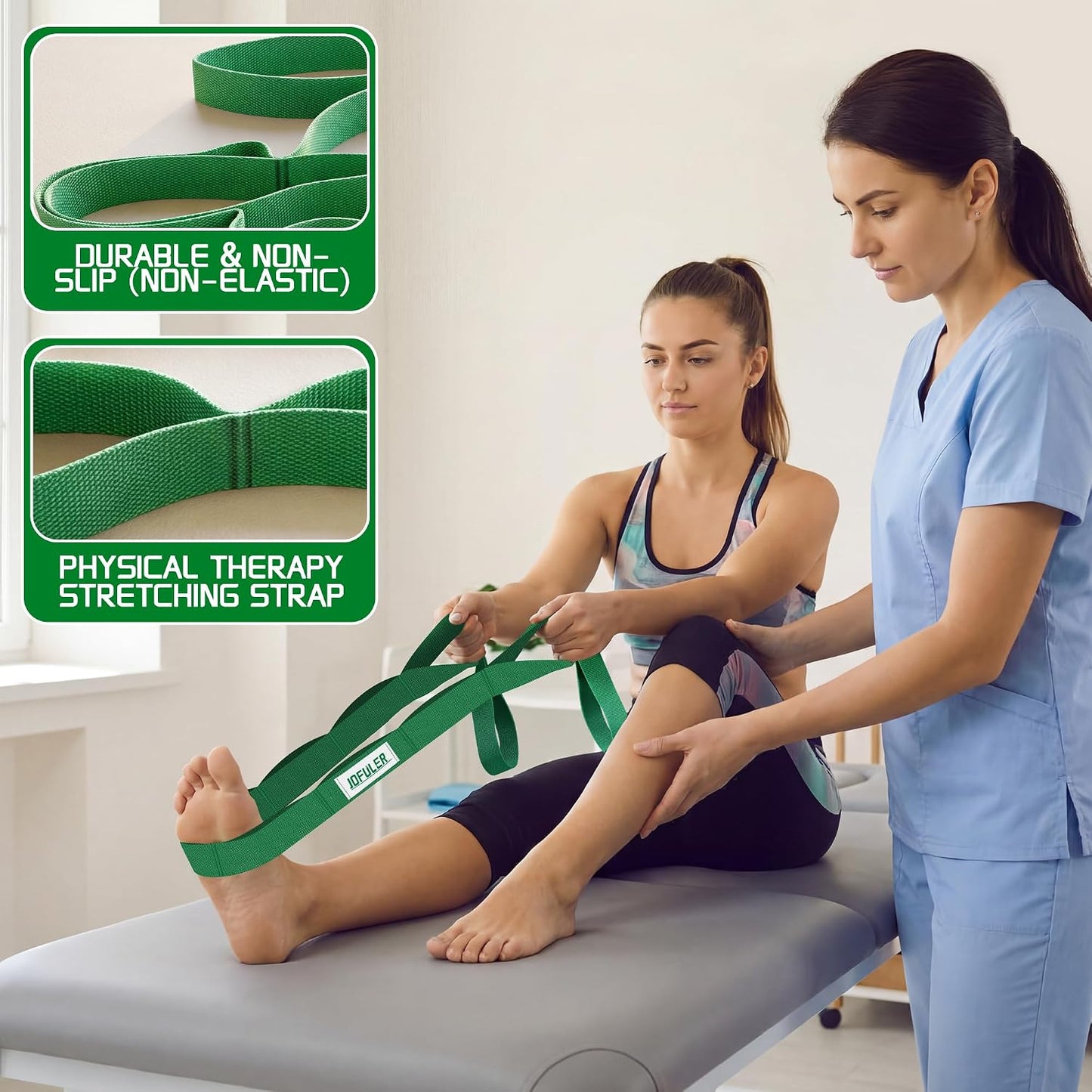 Stretching Strap for Physical Therapy and Home Rehab, 10 Loops Non-Elastic Yoga Strap for Hamstring, Calf and Back Stretching, Mobility, Exercise, Pilates, Flexibility