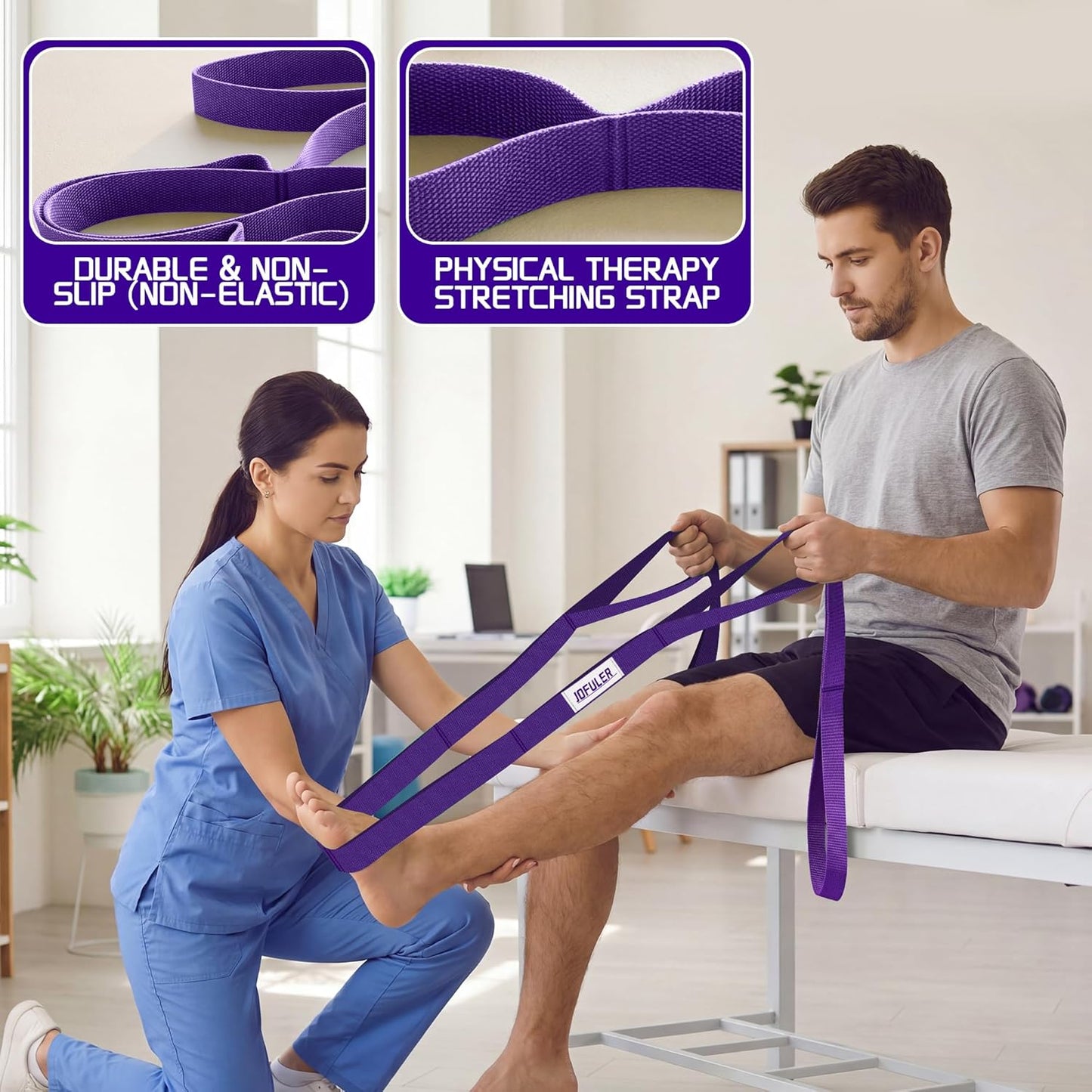 Stretching Strap for Physical Therapy and Home Rehab, 10 Loops Non-Elastic Yoga Strap for Hamstring, Calf and Back Stretching, Mobility, Exercise, Pilates, Flexibility