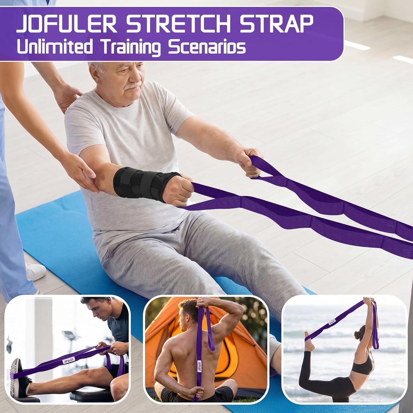 Stretching Strap for Physical Therapy and Home Rehab, 10 Loops Non-Elastic Yoga Strap for Hamstring, Calf and Back Stretching, Mobility, Exercise, Pilates, Flexibility