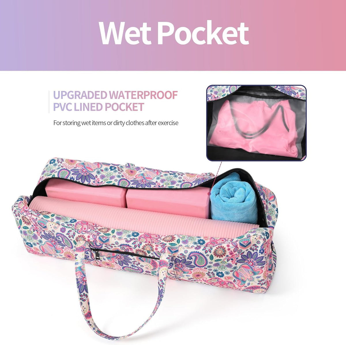Yoga Mat Bag | Large Yoga Mat Carrier with Wet Pocket | Yoga Gifts | Gym Tote Bag for Women