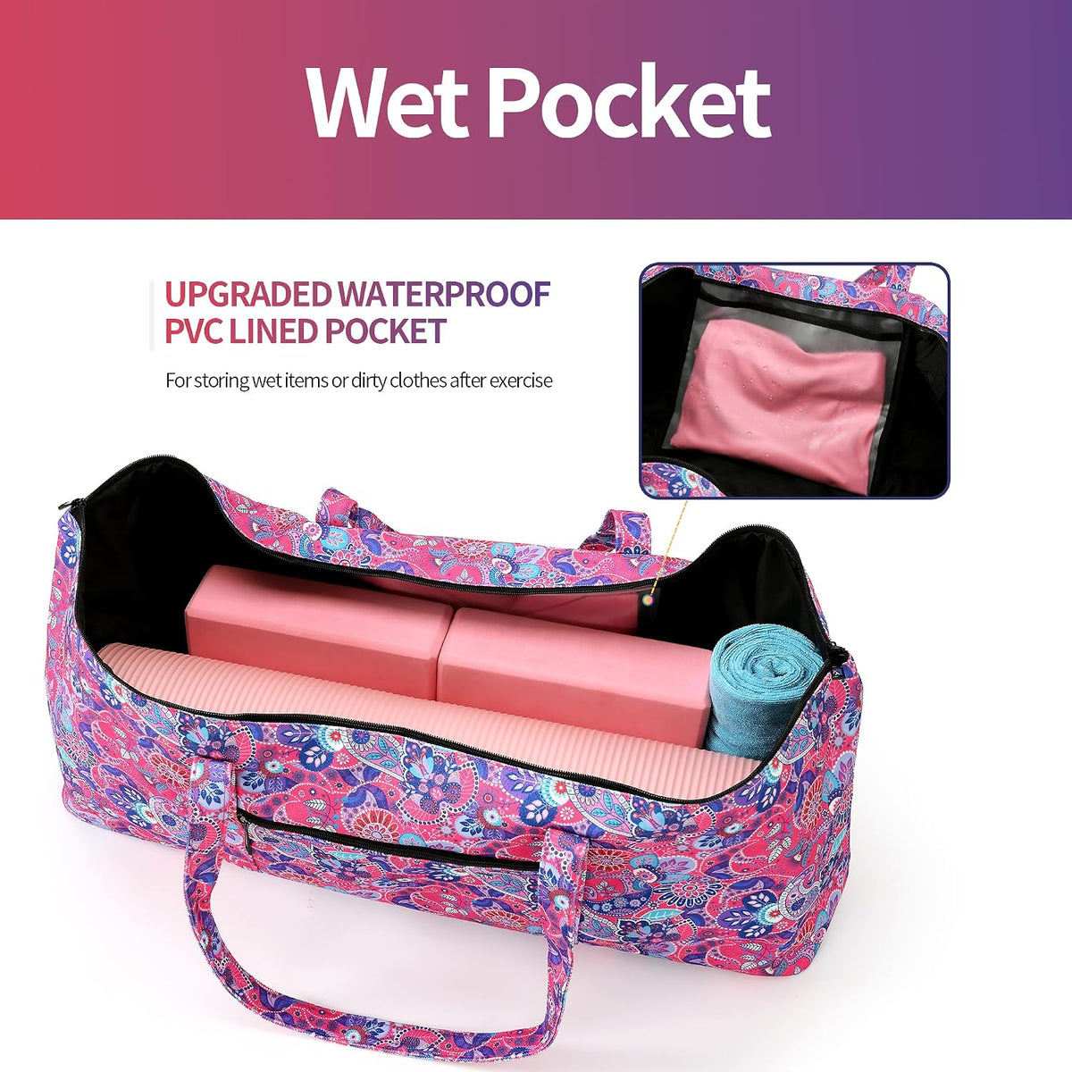 Yoga Mat Bag | Large Yoga Mat Carrier with Wet Pocket | Yoga Gifts | Gym Tote Bag for Women
