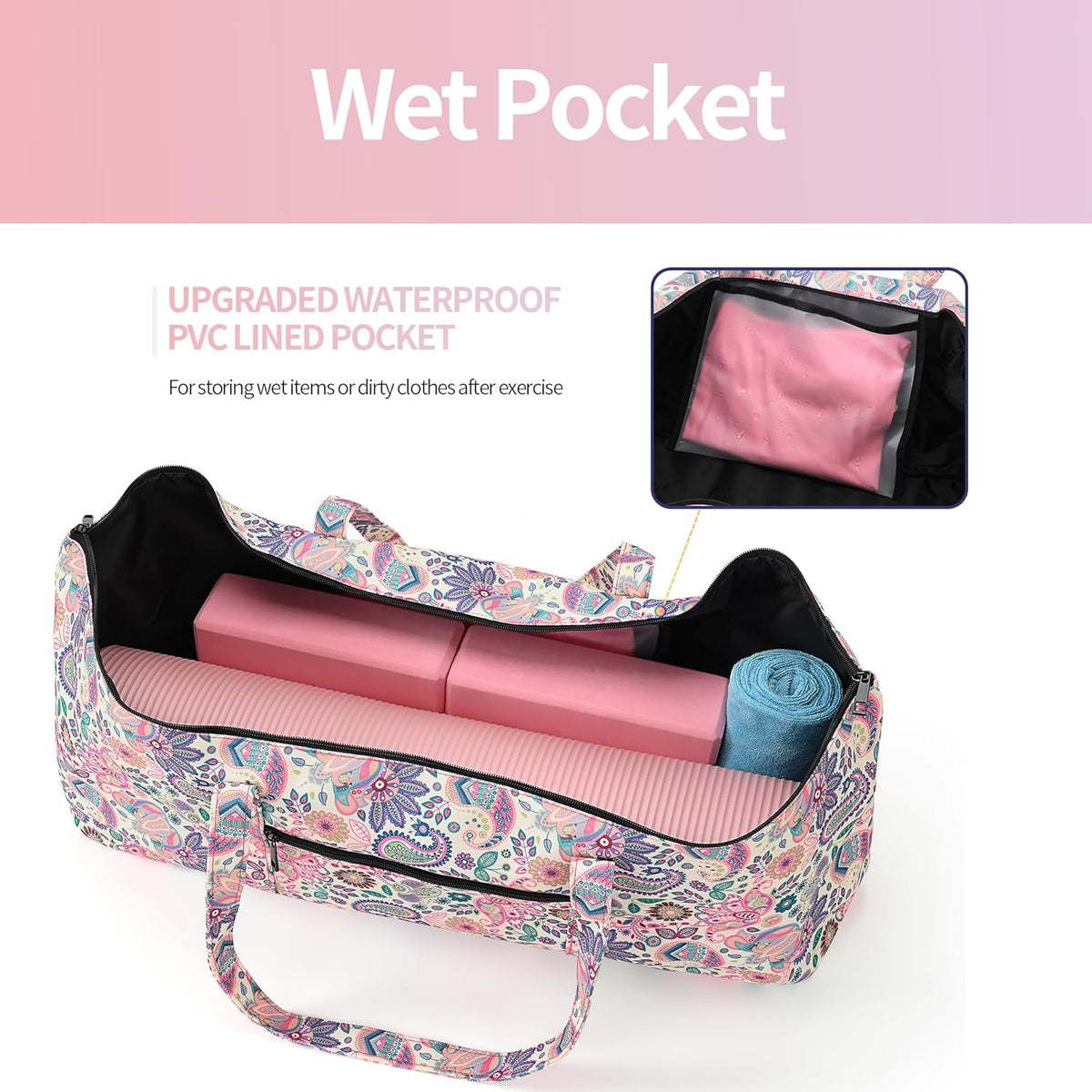 Yoga Mat Bag | Large Yoga Mat Carrier with Wet Pocket | Yoga Gifts | Gym Tote Bag for Women