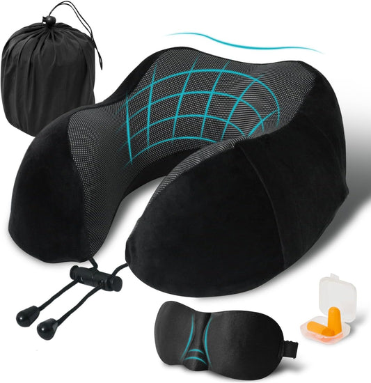 Travel Pillow, Memory Foam Neck Pillow for Traveling, U Shape Neck Pillow Airplane Portable Flight Pillow Travel Kit with 5D Contoured Eye Masks and Earplug for Plane Train Car Home Office