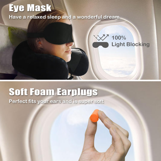 Travel Pillow, Memory Foam Neck Pillow for Traveling, U Shape Neck Pillow Airplane Portable Flight Pillow Travel Kit with 5D Contoured Eye Masks and Earplug for Plane Train Car Home Office