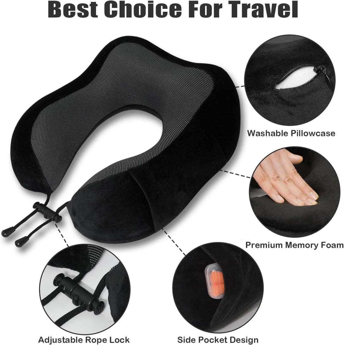 Travel Pillow, Memory Foam Neck Pillow for Traveling, U Shape Neck Pillow Airplane Portable Flight Pillow Travel Kit with 5D Contoured Eye Masks and Earplug for Plane Train Car Home Office