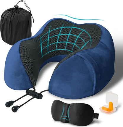 Travel Pillow, Memory Foam Neck Pillow for Traveling, U Shape Neck Pillow Airplane Portable Flight Pillow Travel Kit with 5D Contoured Eye Masks and Earplug for Plane Train Car Home Office