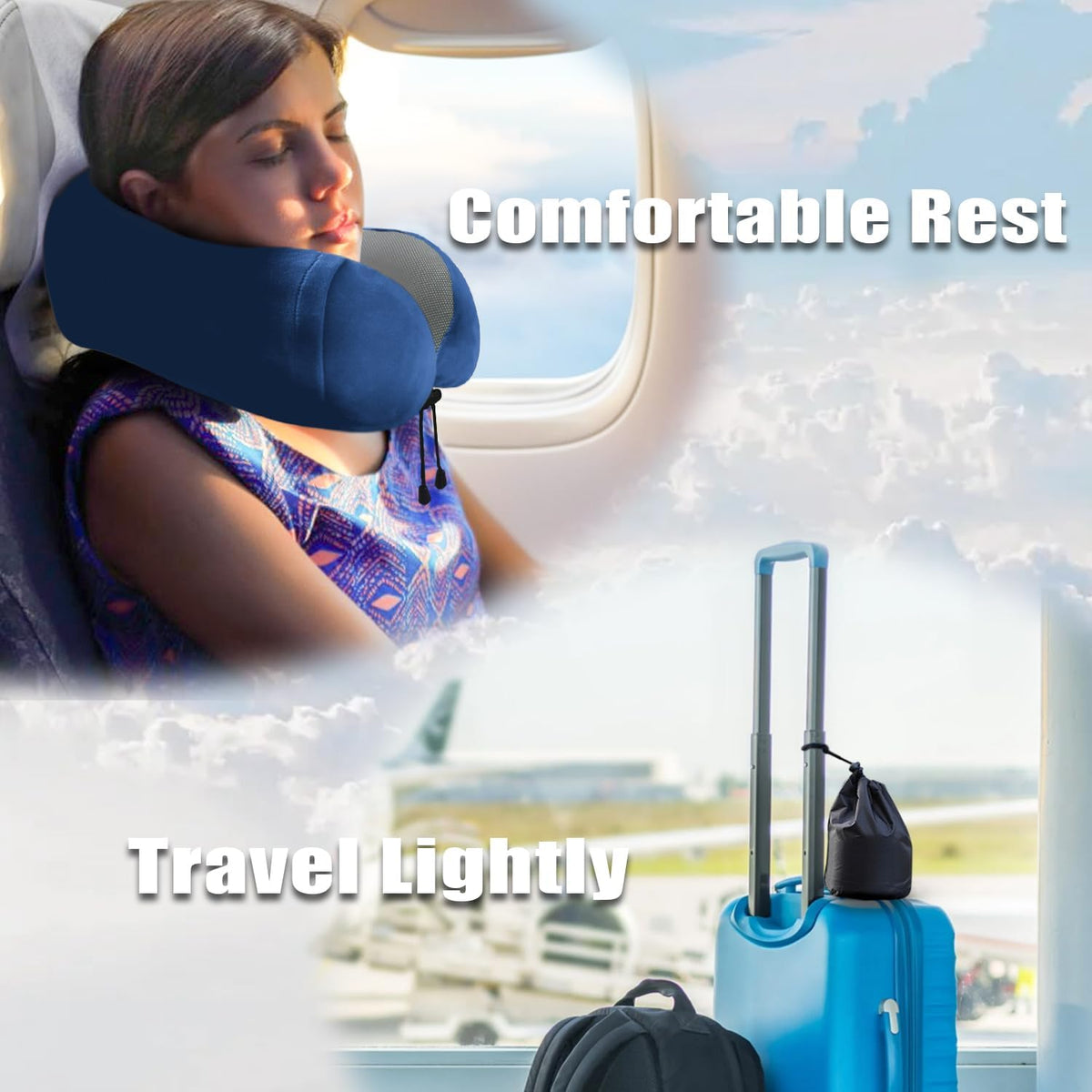 Travel Pillow, Memory Foam Neck Pillow for Traveling, U Shape Neck Pillow Airplane Portable Flight Pillow Travel Kit with 5D Contoured Eye Masks and Earplug for Plane Train Car Home Office
