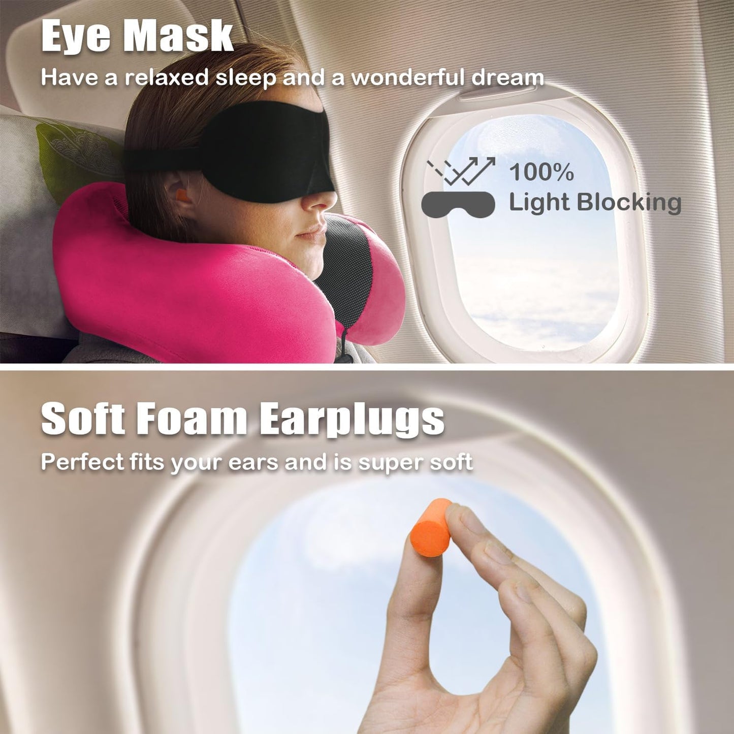 Travel Pillow, Memory Foam Neck Pillow for Traveling, U Shape Neck Pillow Airplane Portable Flight Pillow Travel Kit with 5D Contoured Eye Masks and Earplug for Plane Train Car Home Office