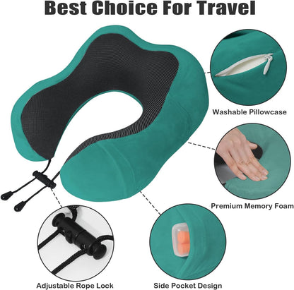 Travel Pillow, Memory Foam Neck Pillow for Traveling, U Shape Neck Pillow Airplane Portable Flight Pillow Travel Kit with 5D Contoured Eye Masks and Earplug for Plane Train Car Home Office